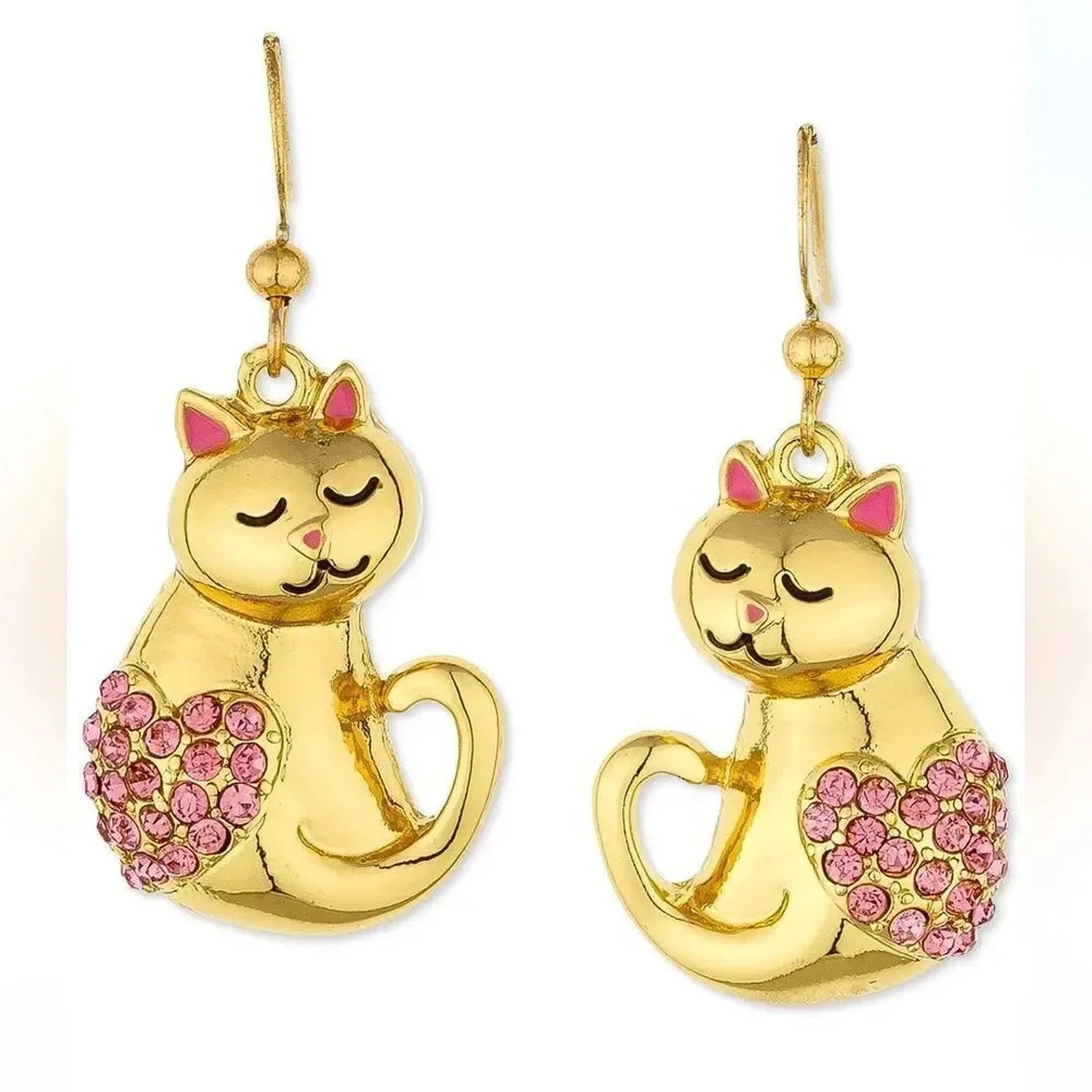 Cute Cat Gold Crystal Earrings